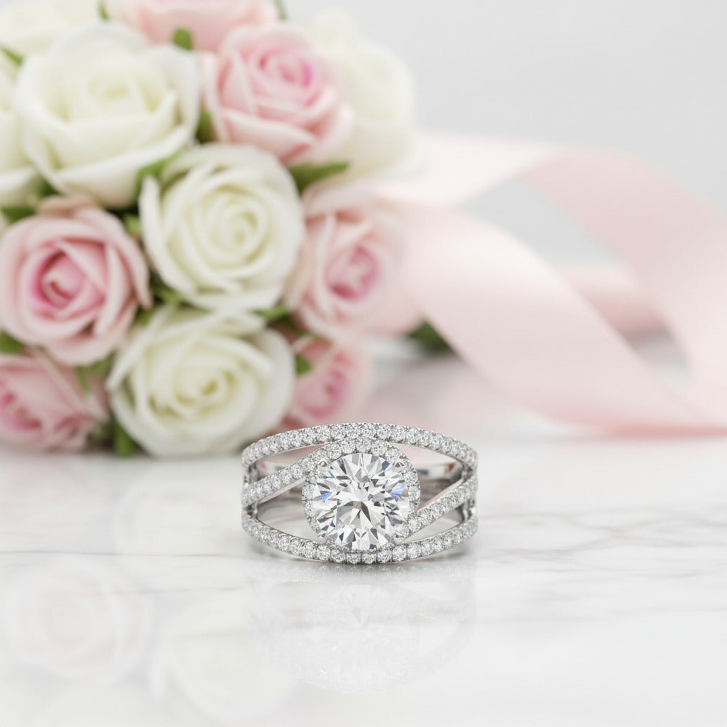 Round Cut Diamond Option White Gold Split Band Ring Set-Black Diamonds New York