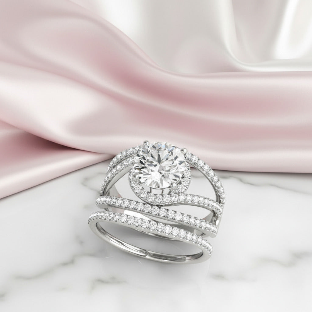 Round Cut Diamond Option White Gold Split Band Ring Set-Black Diamonds New York