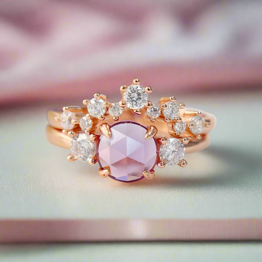 Round Cut Natural Amethyst Crown Engagement Ring Set-Black Diamonds New York