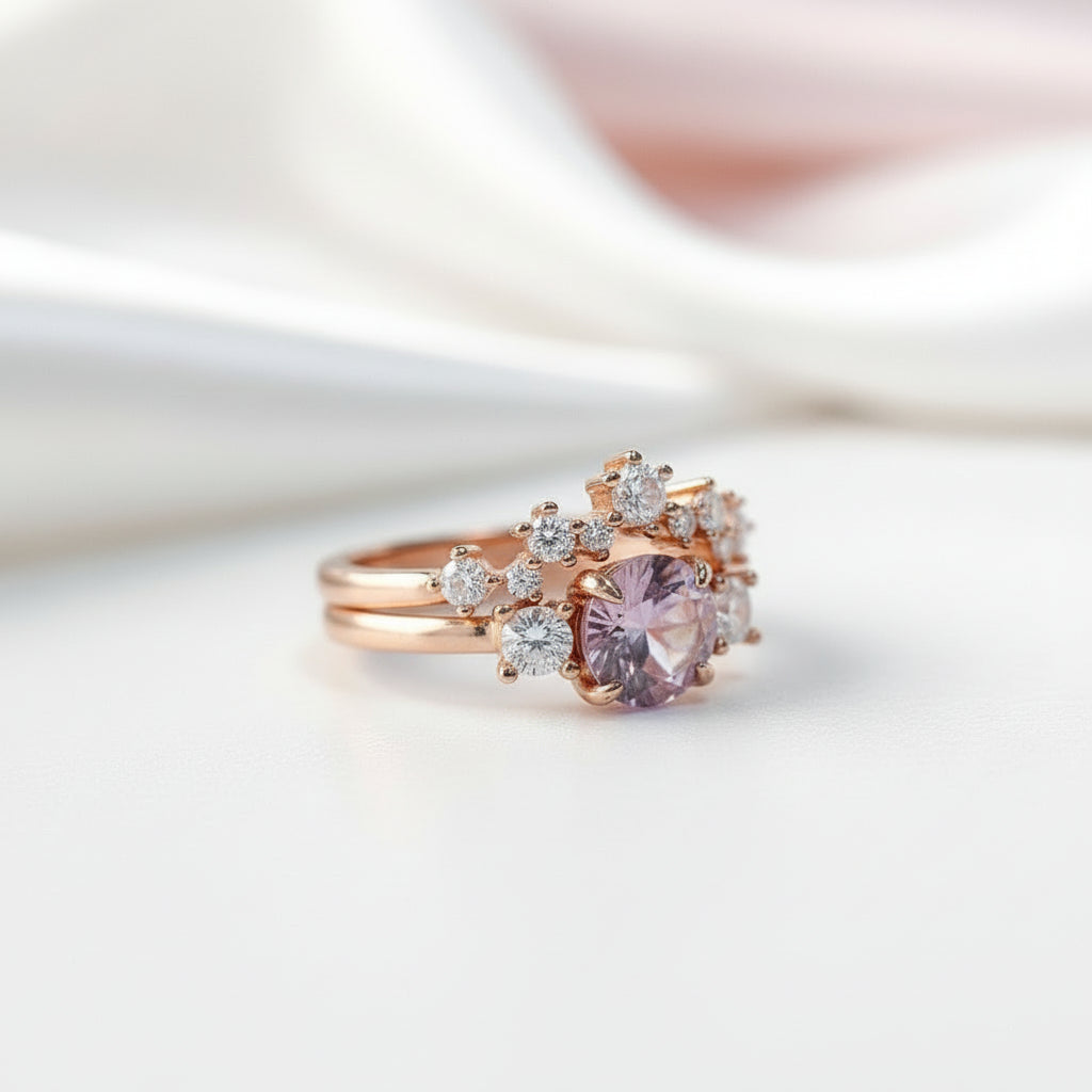 Round Cut Purple Amethyst Crown Engagement Ring Set-Black Diamonds New York