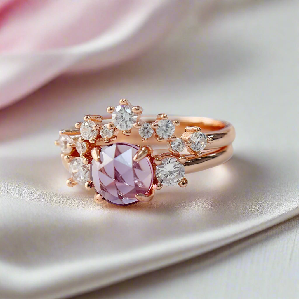 Round Cut Natural Amethyst Crown Engagement Ring Set-Black Diamonds New York