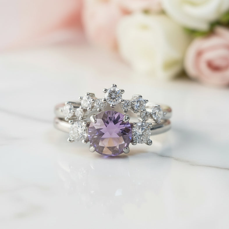 Round Cut Purple Amethyst Crown Engagement Ring Set-Black Diamonds New York