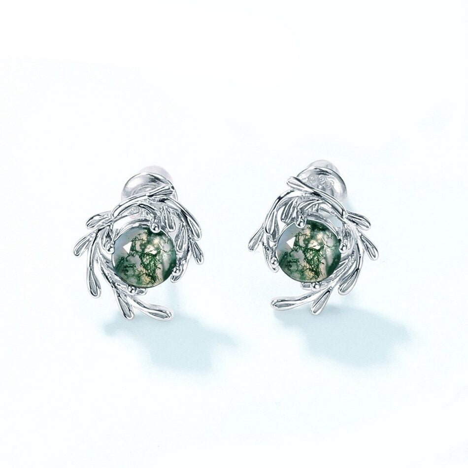 Round cut Natural Green Moss Agate Plant Inspired Anniversary Earrings-Black Diamonds New York