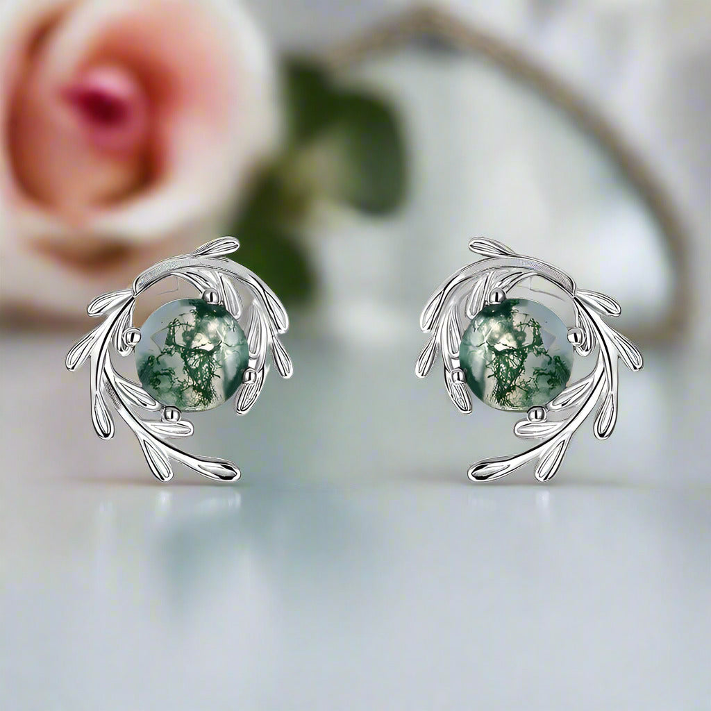 Round cut Natural Green Moss Agate Plant Inspired Anniversary Earrings-Black Diamonds New York