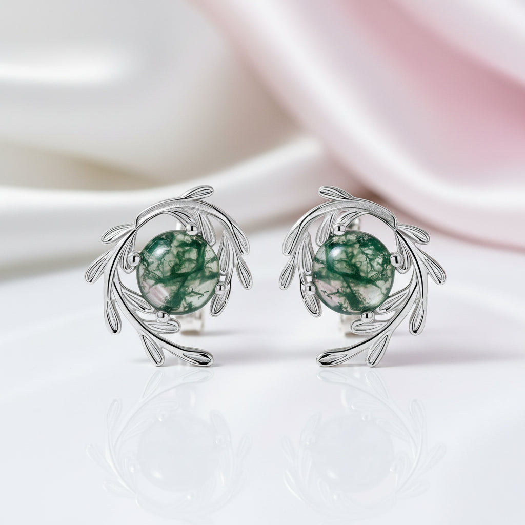Round cut Natural Green Moss Agate Plant Inspired Anniversary Earrings-Black Diamonds New York