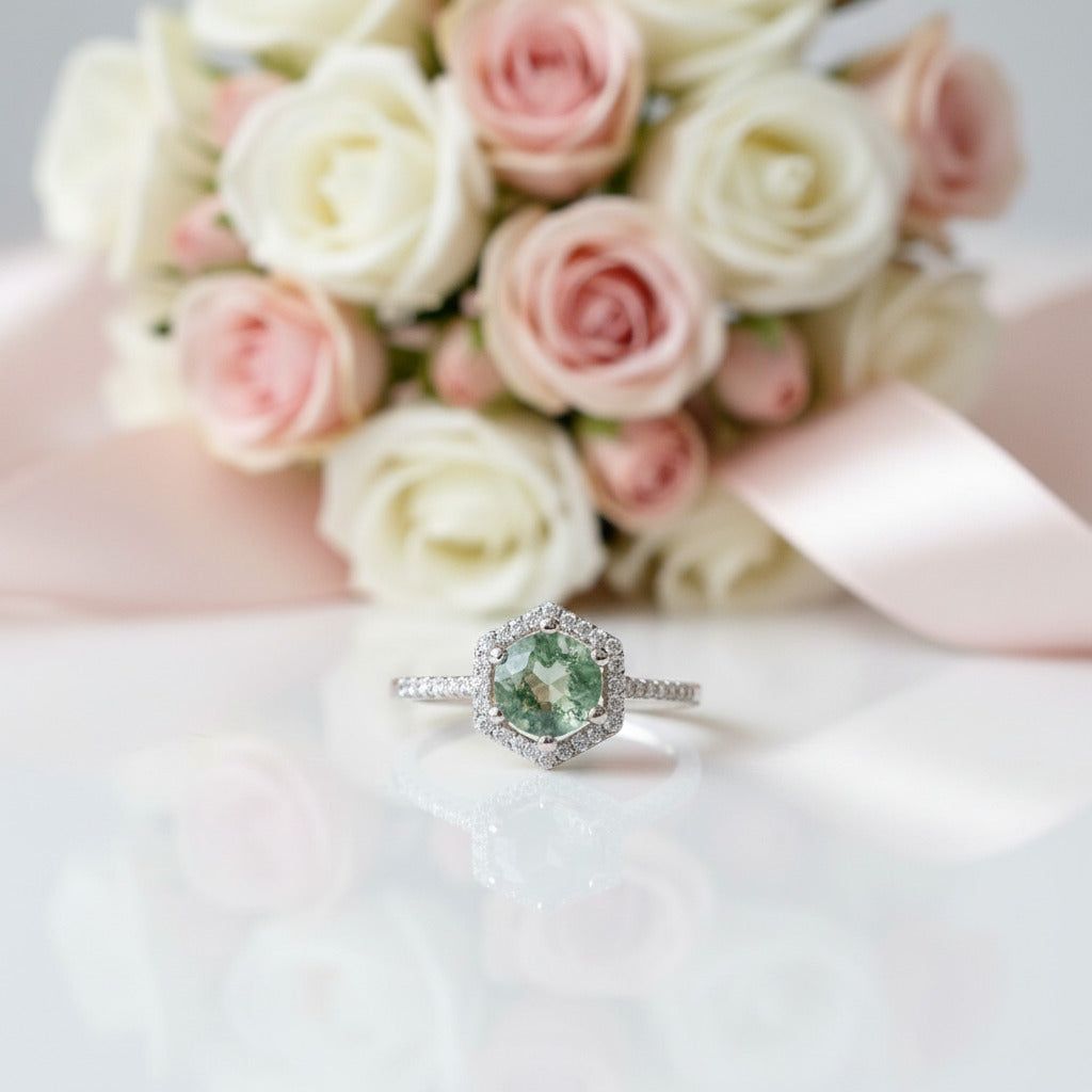 Round Cut Natural Moss Agate Hexagon Halo Engagement Ring-Black Diamonds New York