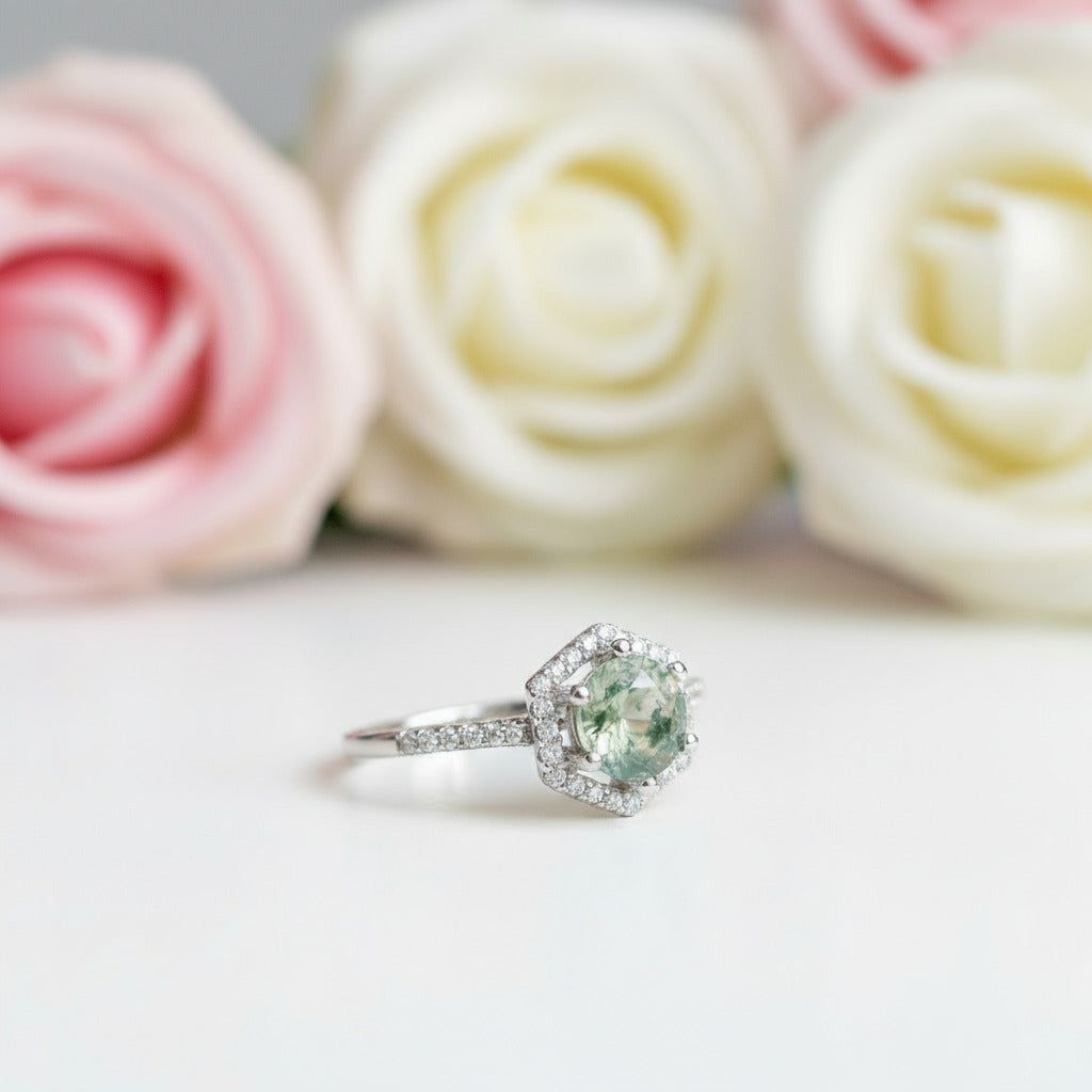 Round Cut Natural Moss Agate Hexagon Halo Engagement Ring-Black Diamonds New York