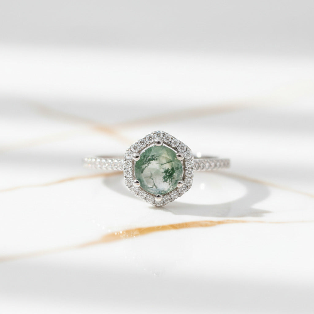 Round Cut Natural Moss Agate Hexagon Halo Engagement Ring-Black Diamonds New York