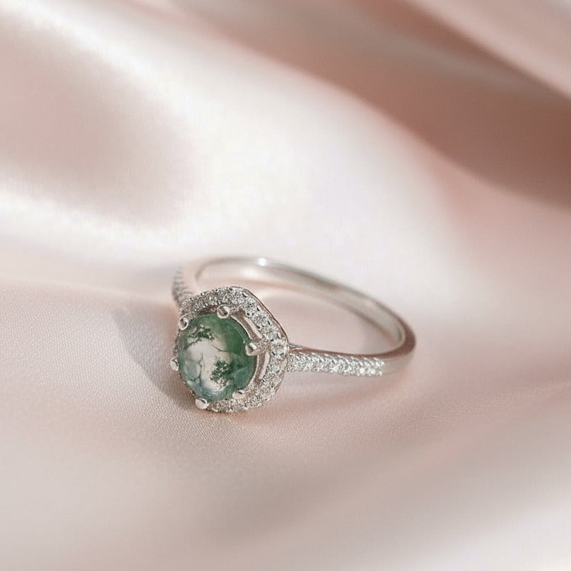 Round Cut Natural Moss Agate Hexagon Halo Engagement Ring-Black Diamonds New York