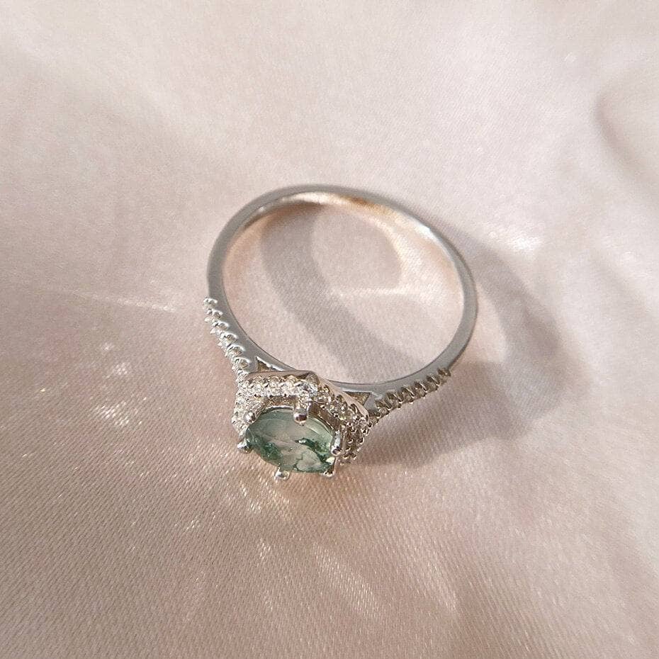 Round Cut Natural Moss Agate Hexagon Halo Engagement Ring-Black Diamonds New York