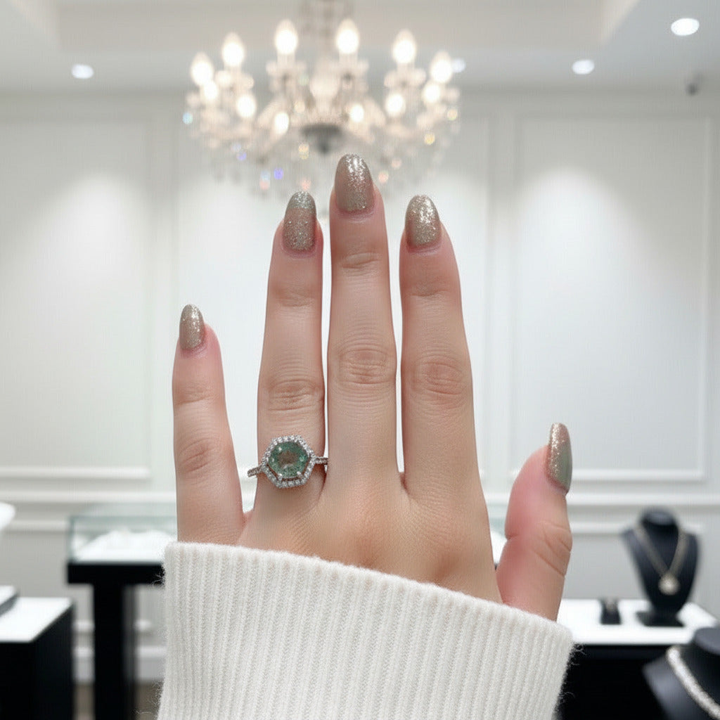 Round Cut Natural Moss Agate Hexagon Halo Engagement Ring-Black Diamonds New York
