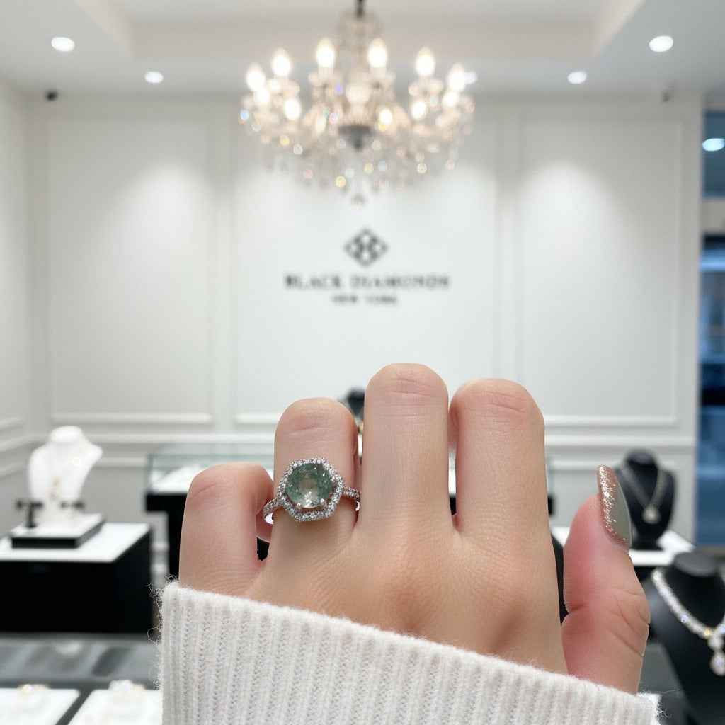 Round Cut Natural Moss Agate Hexagon Halo Engagement Ring-Black Diamonds New York