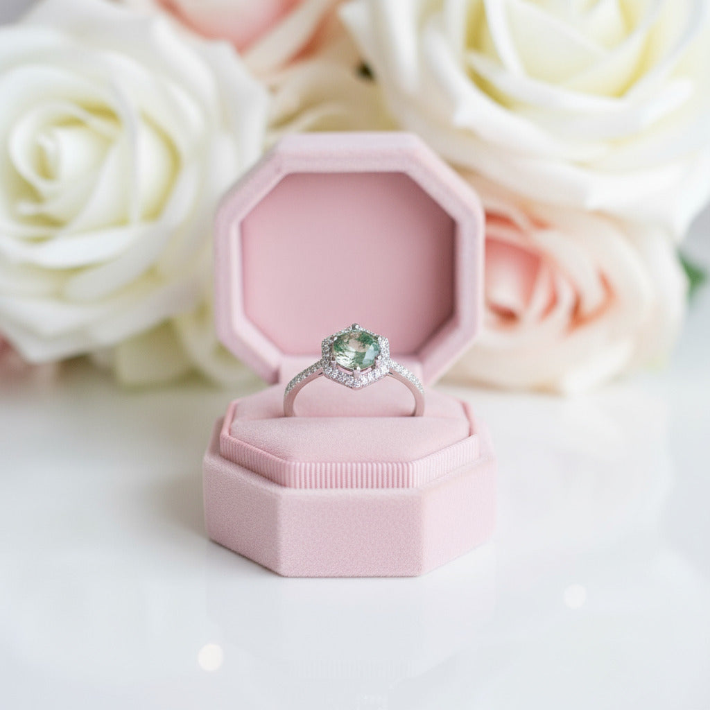 Round Cut Natural Moss Agate Hexagon Halo Engagement Ring-Black Diamonds New York