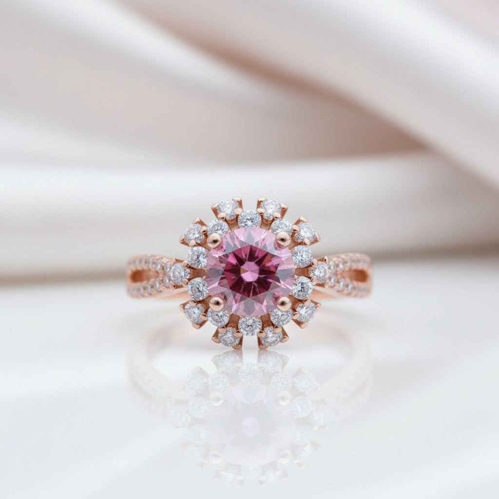 Round Cut Pink Diamond Option Halo Rose Gold Engagement Ring-Black Diamonds New York