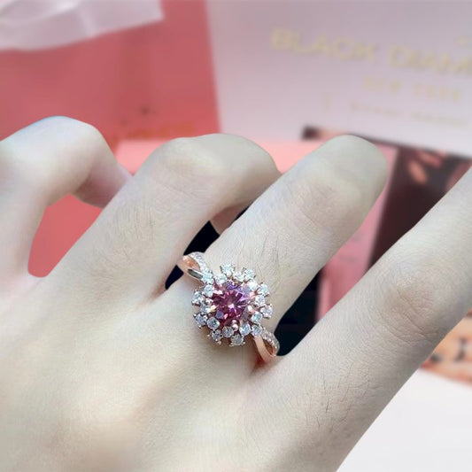 Round Cut Pink Moissanite Halo Rose Gold Engagement Ring - Black Diamonds New York
