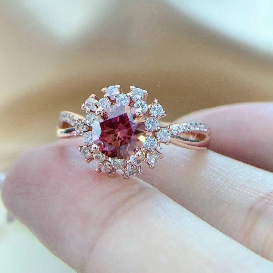Round Cut Pink Diamond Halo Rose Gold Engagement Ring-Black Diamonds New York