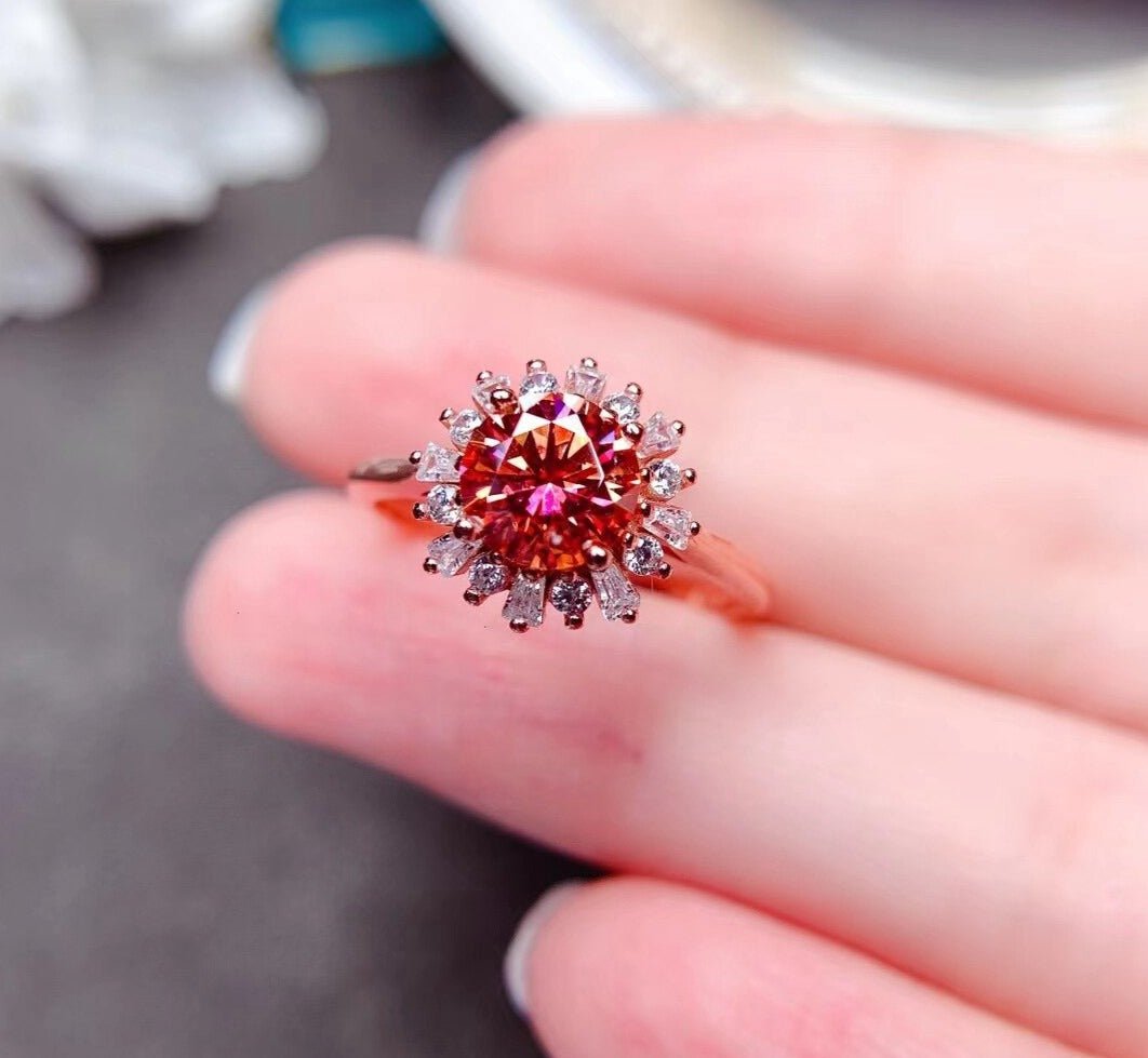 Round Cut Red Diamond Flower Halo Engagement Ring-Black Diamonds New York