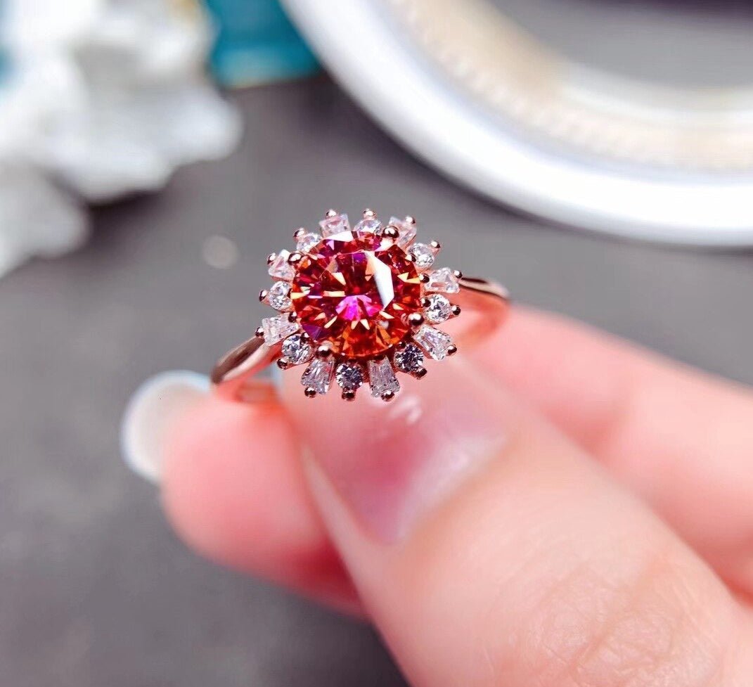 Round Cut Red Moissanite Flower Halo Engagement Ring-Black Diamonds New York