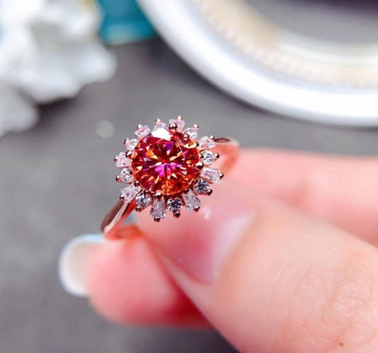 Round Cut Red Moissanite Flower Halo Engagement Ring - Black Diamonds New York