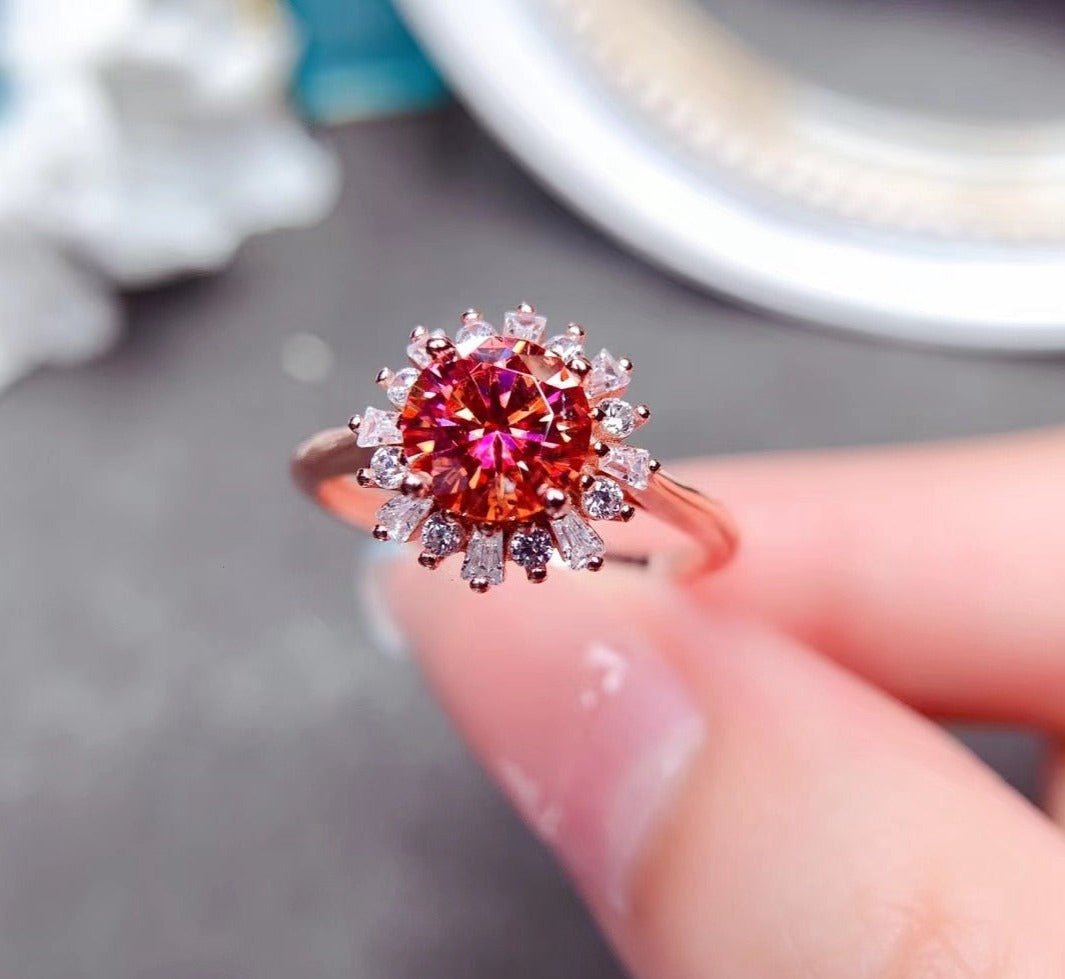 Round Cut Red Moissanite Flower Halo Engagement Ring-Black Diamonds New York