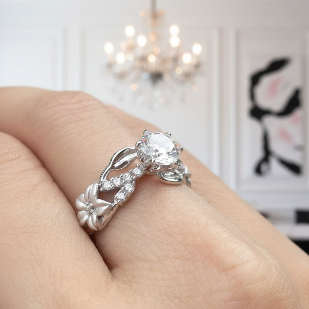 Round Cut Diamond Option Flower Decorative Engagement Ring-Black Diamonds New York