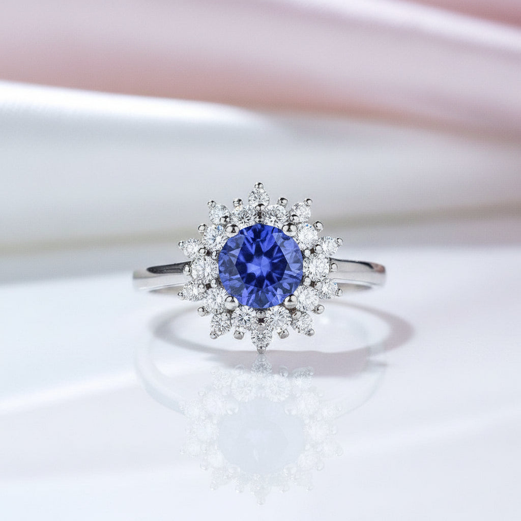Round Cut Tanzanite 4 Prong Engagement Ring-Black Diamonds New York
