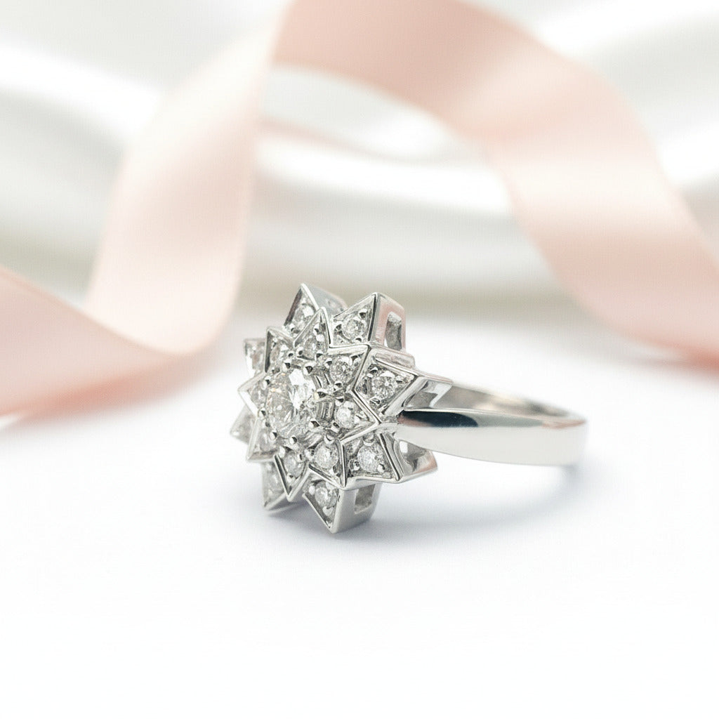 Round Diamond Vintage Sunflower Design Engagement Ring-Black Diamonds New York