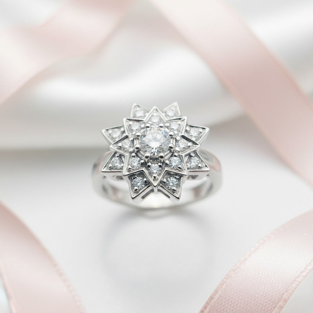 Round Diamond Vintage Sunflower Design Engagement Ring-Black Diamonds New York