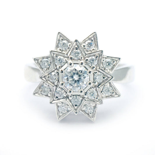 Round Moissanite Vintage Sunflower Design Engagement Ring-Black Diamonds New York