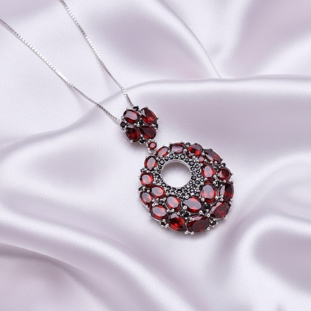 Round Natural Garnet Gemstone Pendant Necklace-Black Diamonds New York