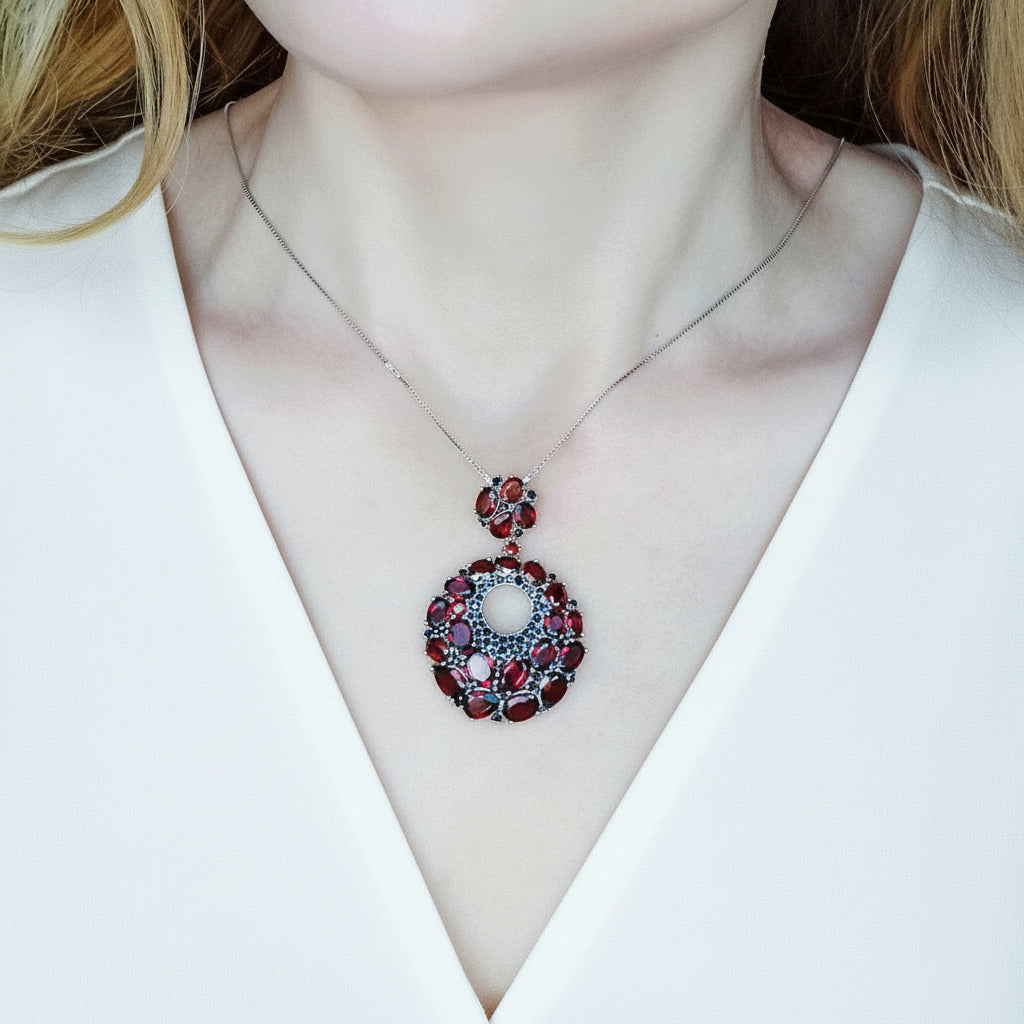 Round Natural Garnet Gemstone Pendant Necklace-Black Diamonds New York