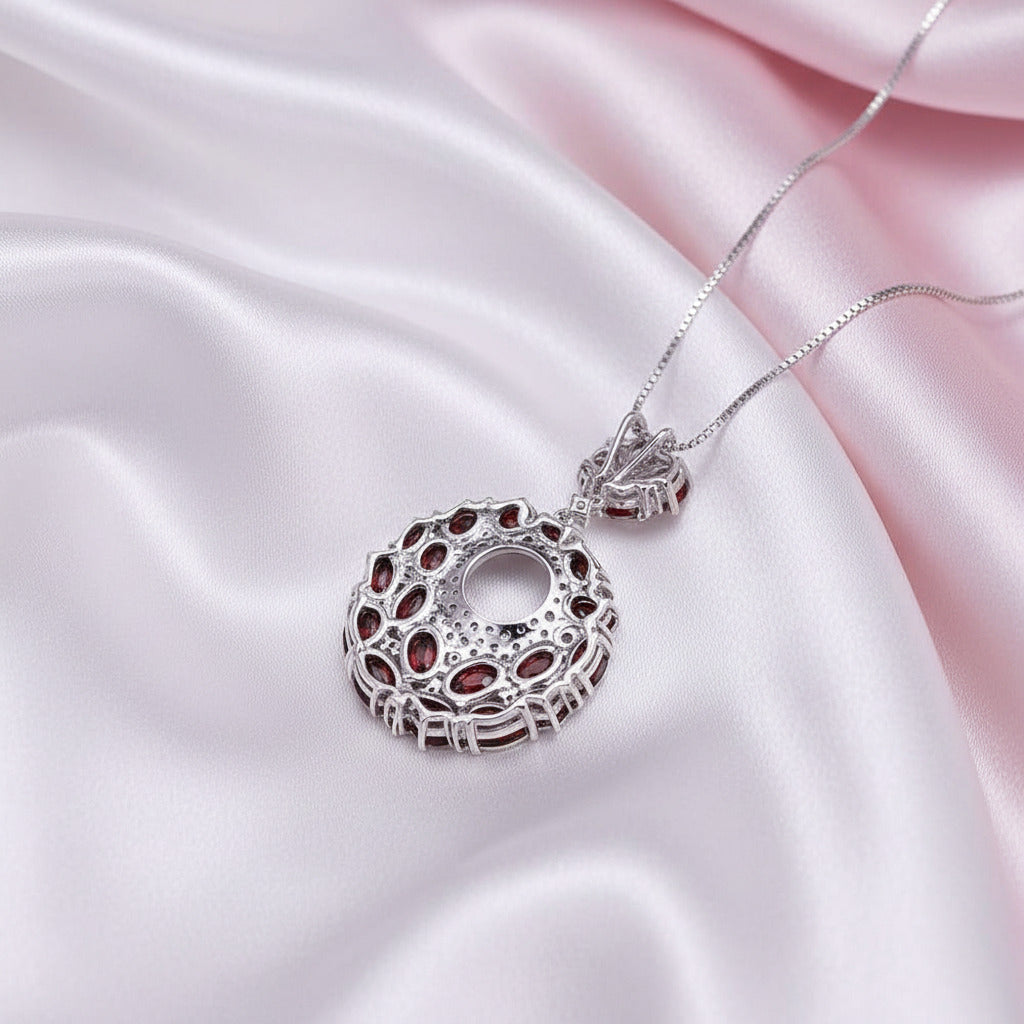 Round Natural Garnet Gemstone Pendant Necklace-Black Diamonds New York