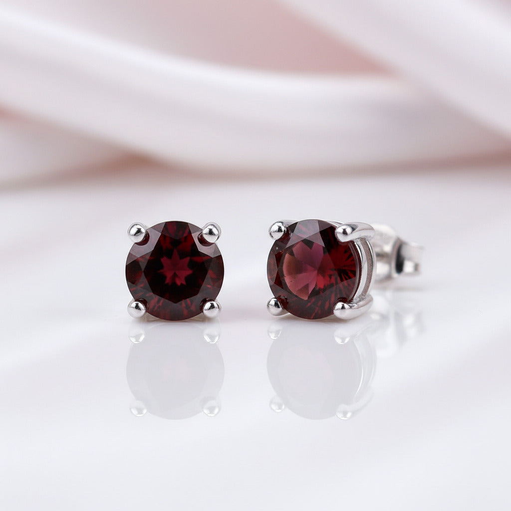 Round Red Garnet Gemstone Stud Earrings-Black Diamonds New York