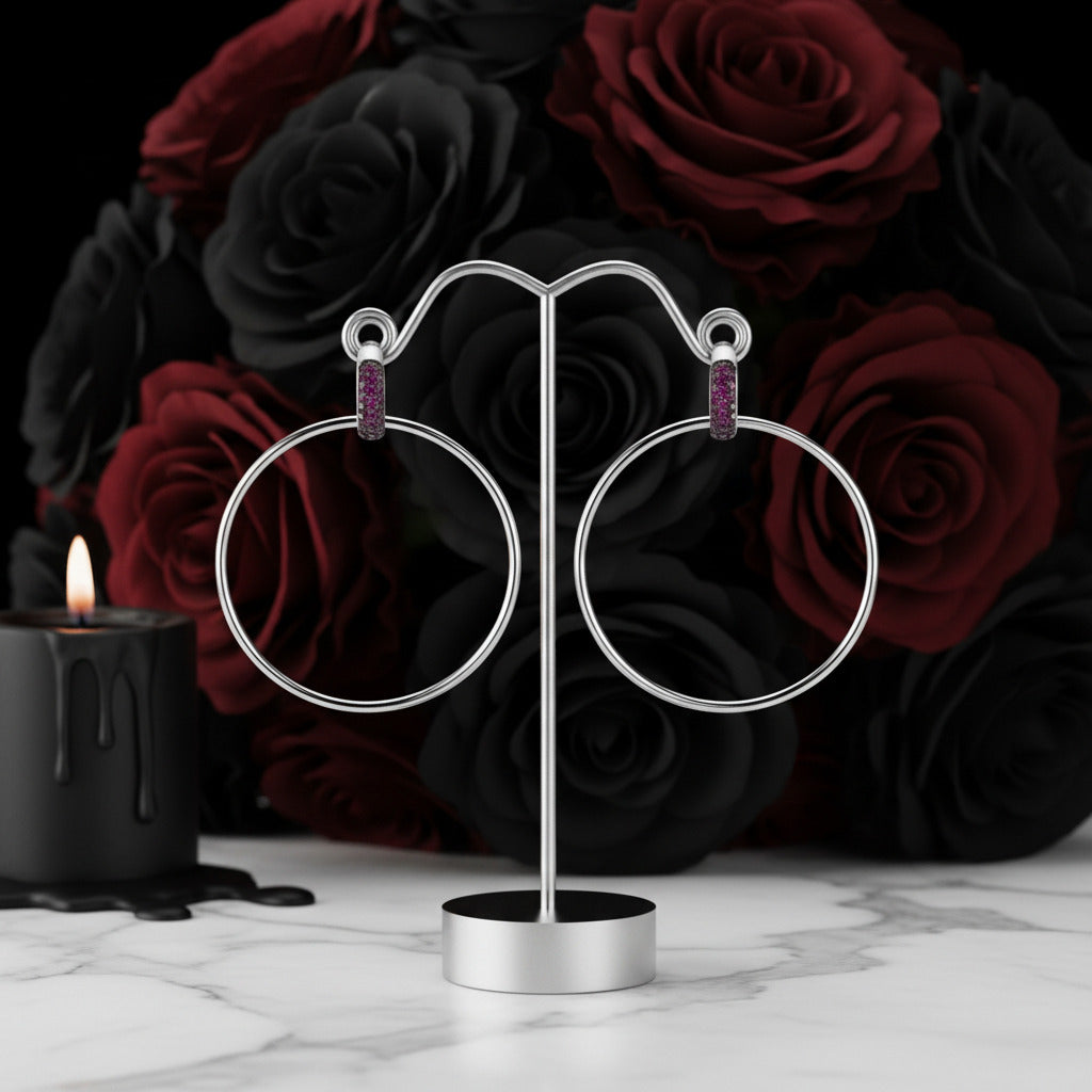 Round Retro Lab Created Ruby Punk Wind Drop Earrings-Black Diamonds New York