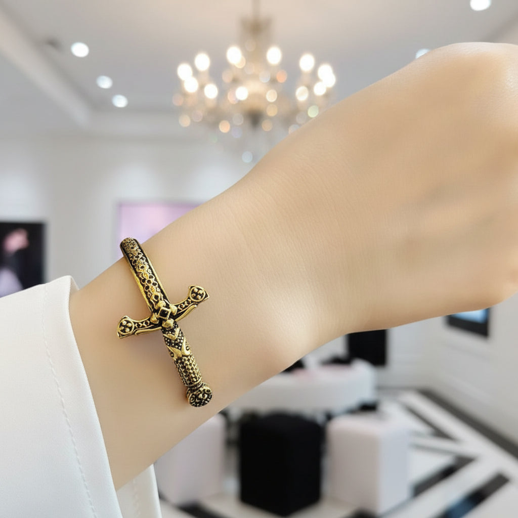 Royal Cross Sword Punk Bangle-Black Diamonds New York