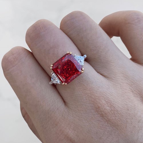 Ruby Radiant & Triangle Cut Three Stone Engagement Ring - Black Diamonds New York