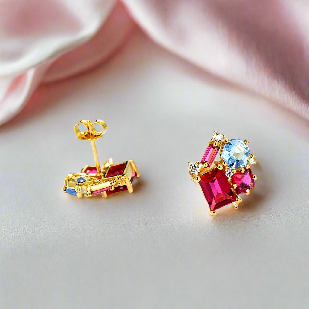Ruby, Topaz & Tourmaline Gemstone Stud Earrings-Black Diamonds New York