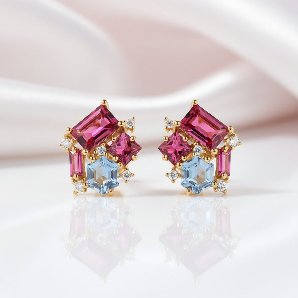 Ruby, Topaz & Tourmaline Gemstone Stud Earrings-Black Diamonds New York