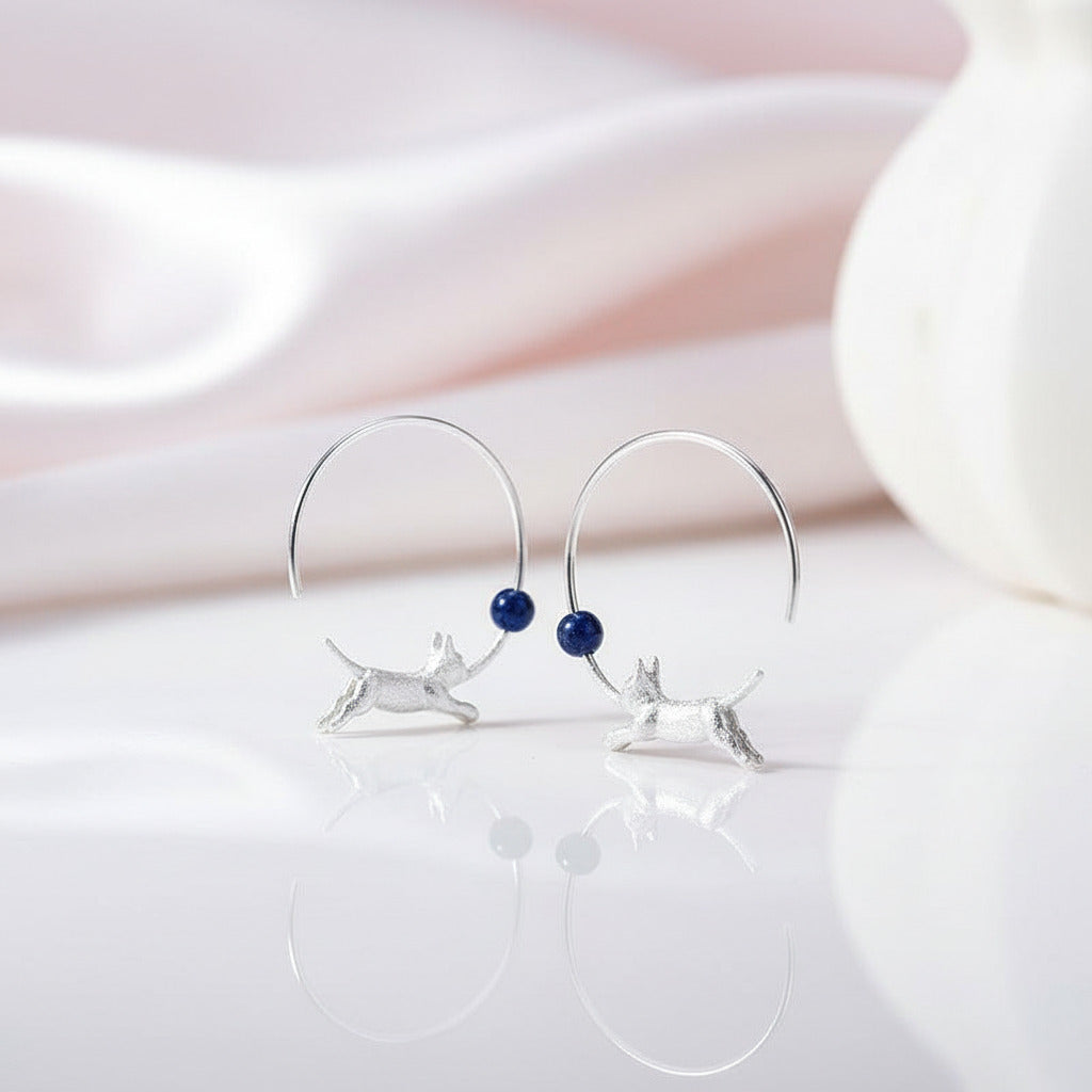 Running Cat with Balloon Round Hoop Earrings-Black Diamonds New York