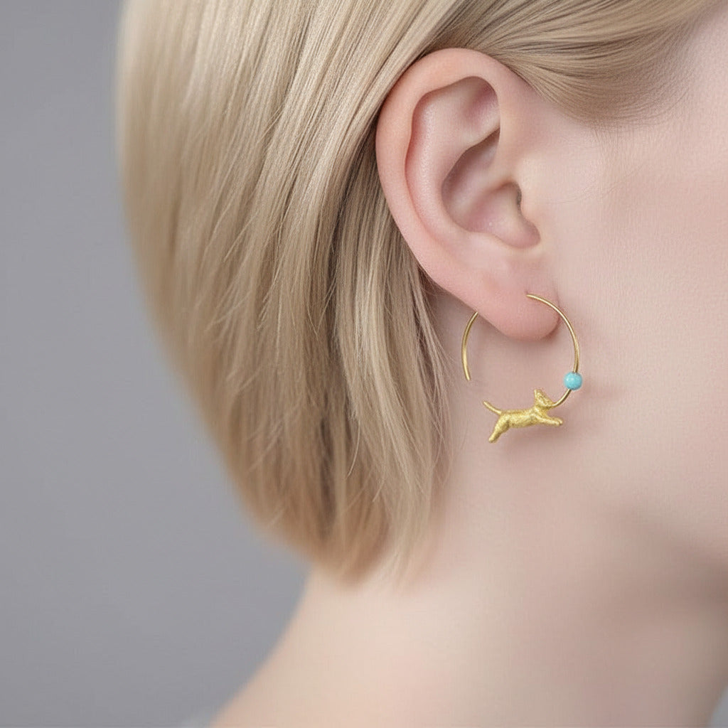Running Cat with Balloon Round Hoop Earrings-Black Diamonds New York