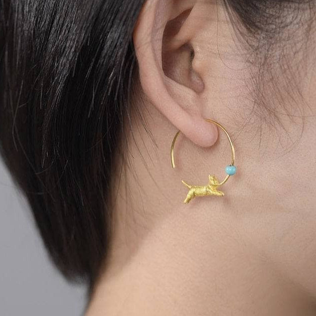 Running Cat with Balloon Round Hoop Earrings-Black Diamonds New York