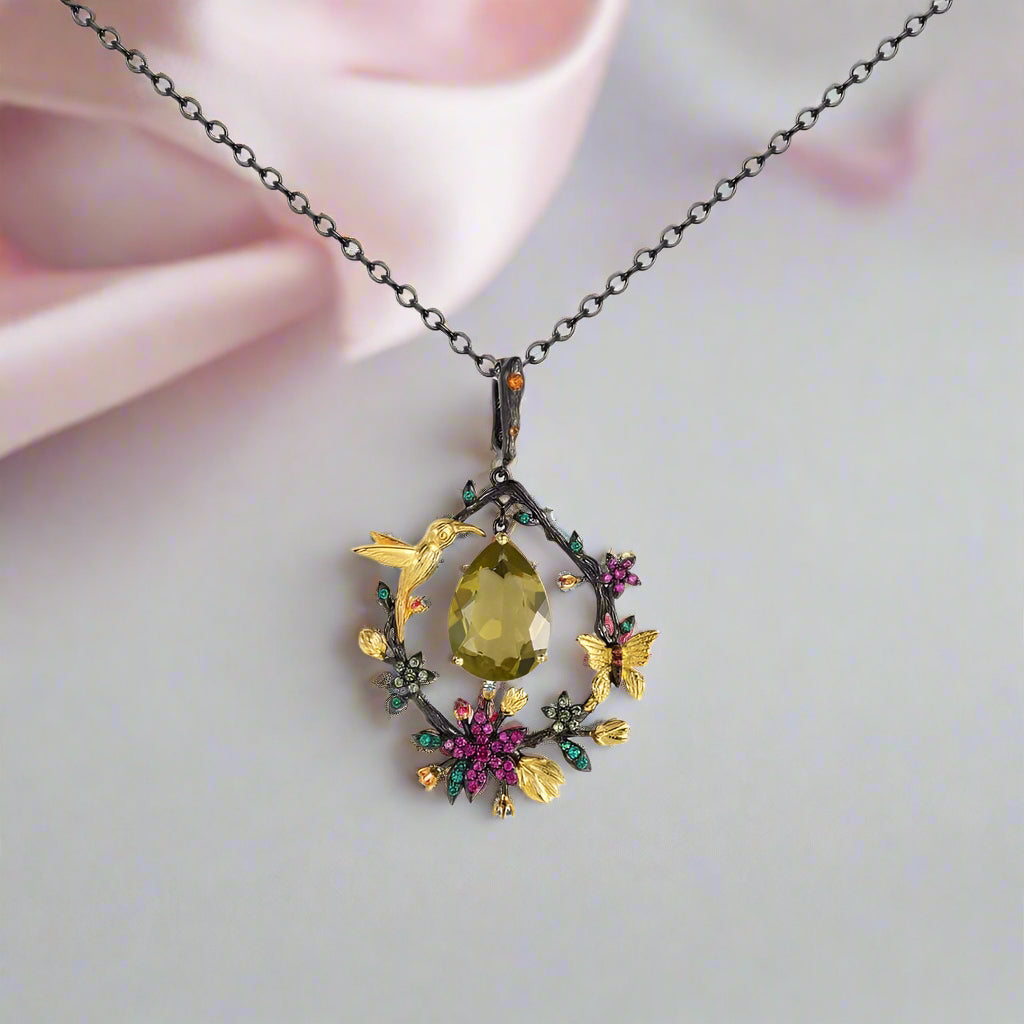 Secret Garden Natural Gemstone Dangle Pendant Necklace-Black Diamonds New York