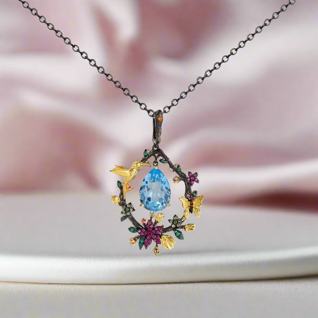 Secret Garden Natural Gemstone Dangle Pendant Necklace-Black Diamonds New York