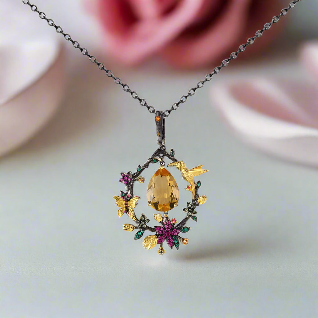 Secret Garden Natural Gemstone Dangle Pendant Necklace-Black Diamonds New York