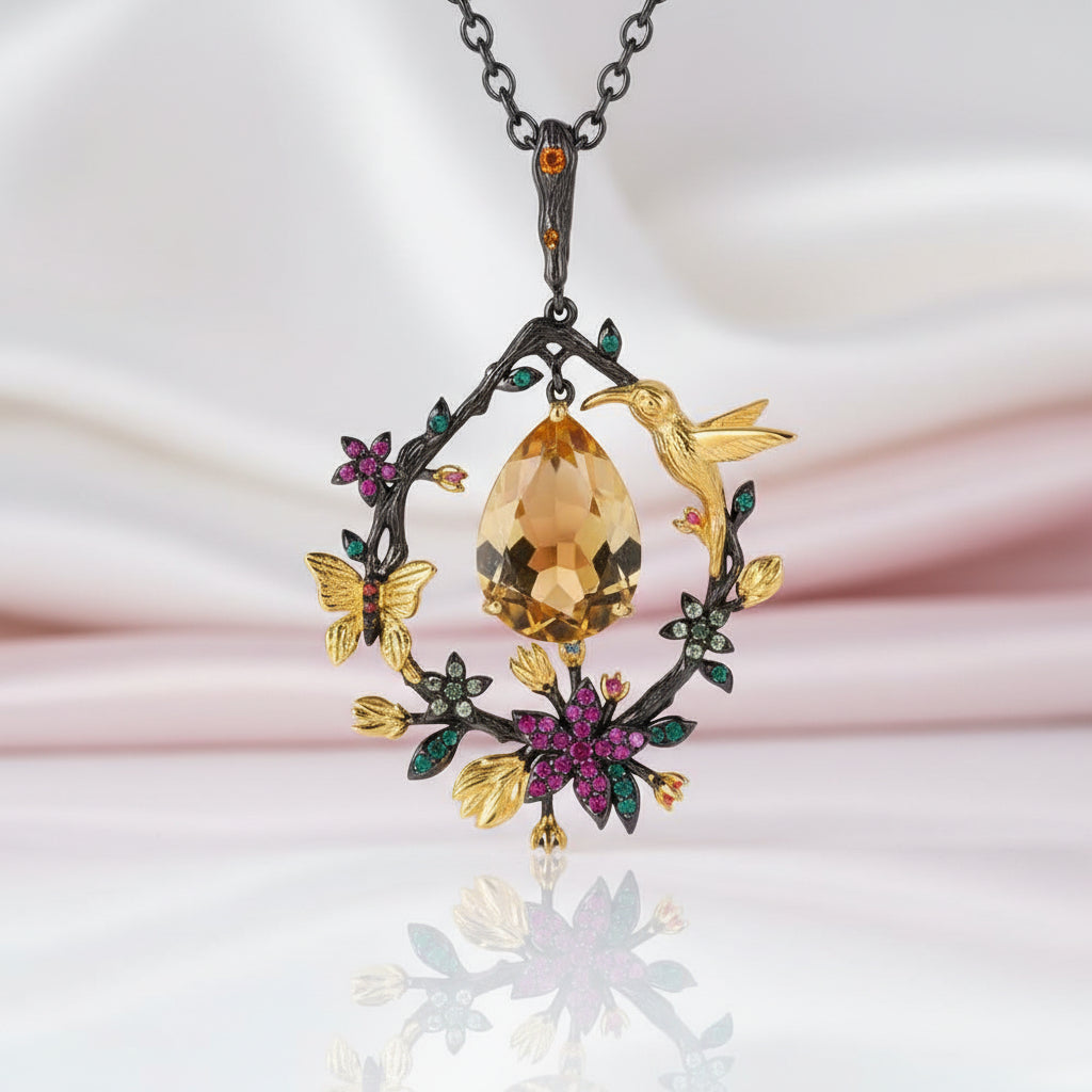 Secret Garden Gemstone Dangle Pendant Necklace-Black Diamonds New York