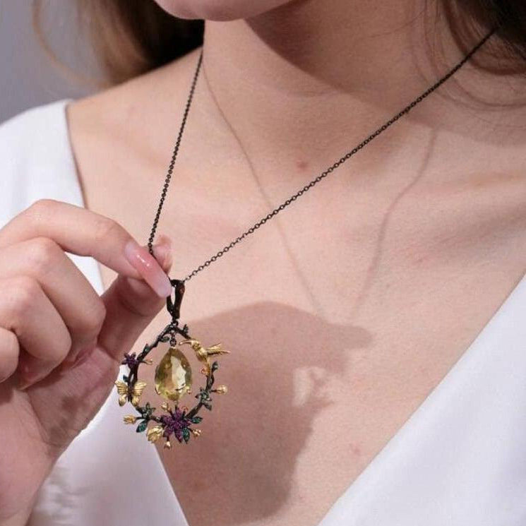 Secret Garden Natural Gemstone Dangle Pendant Necklace-Black Diamonds New York