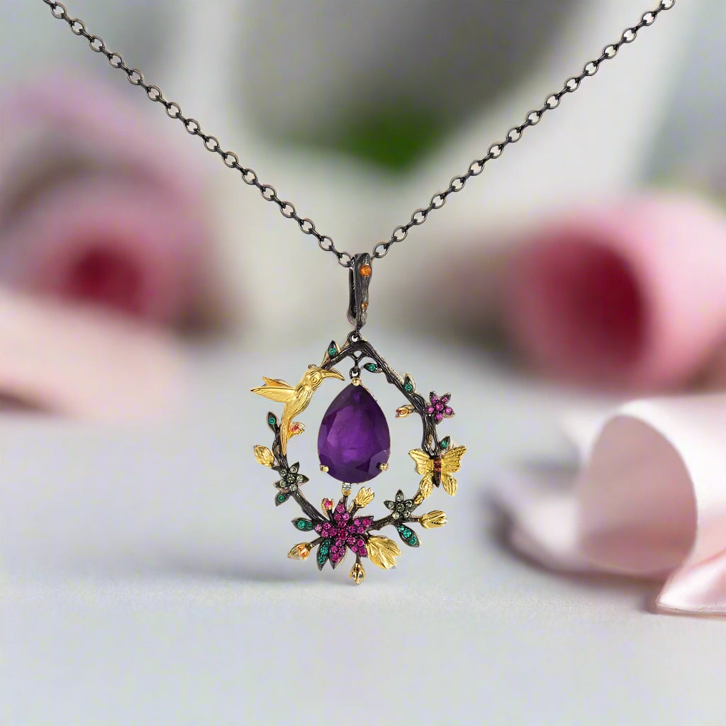 Secret Garden Natural Gemstone Dangle Pendant Necklace-Black Diamonds New York