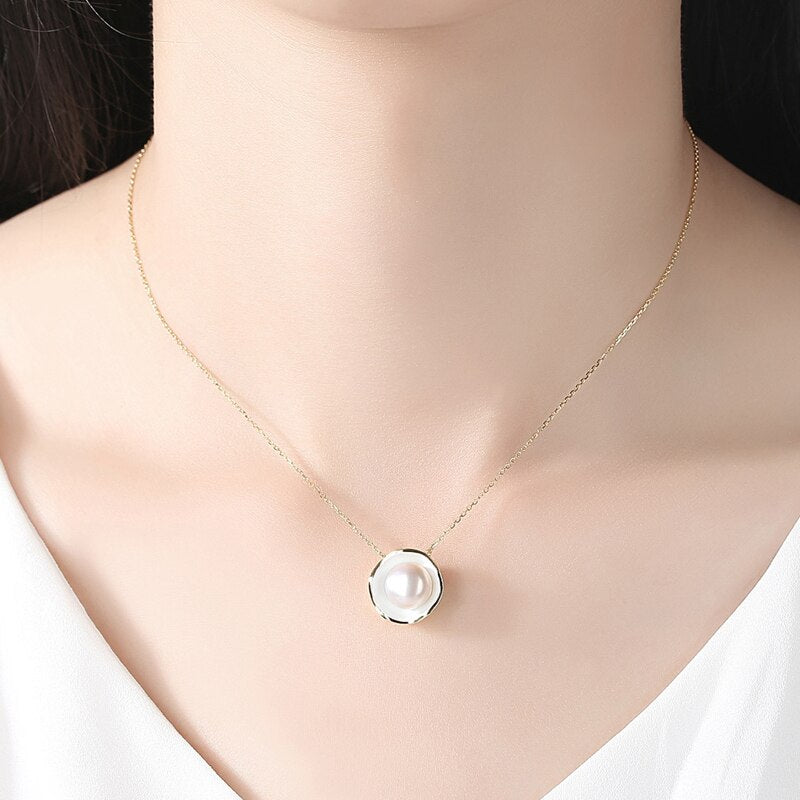 S925 Sterling Silver Clavicle Chain Necklace 18K Gold Color Shell Charm Natural Freshwater Pearl Pendant Necklace JPN330 - Black Diamonds New York