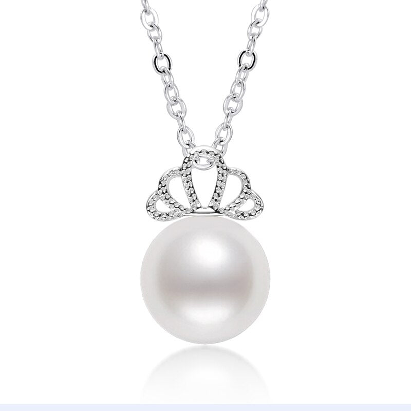 925 Sterling Silver Freshwater Pearl Shell Crown Pendant Necklace 8-8.5mm Natural Freshwater Pearl Chain Length 40+5cm - Black Diamonds New York