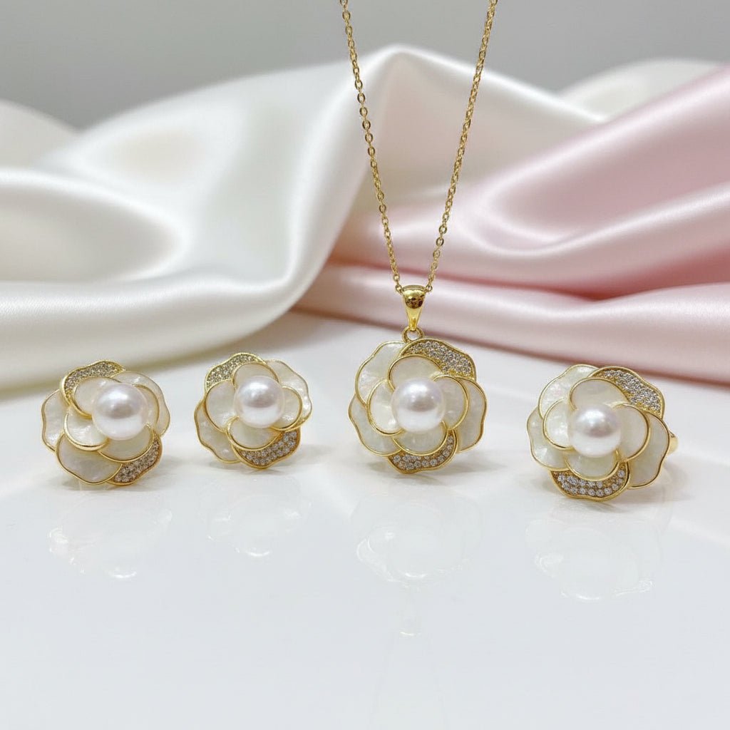 Shell Flower Freshwater Pearl Jewelry Set-Black Diamonds New York